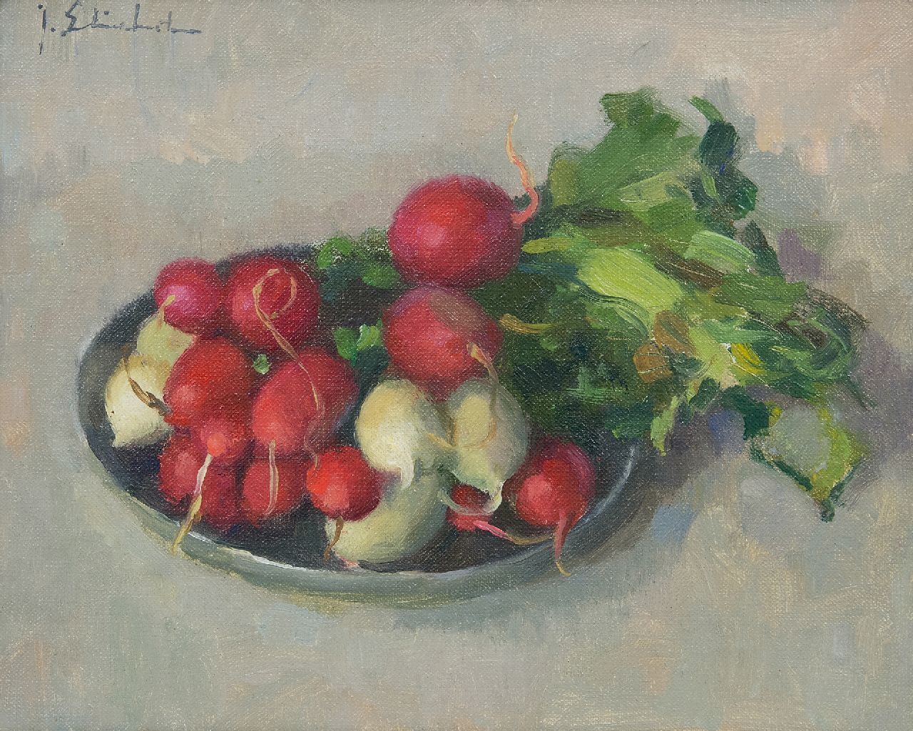 Stierhout J.A.U.  | Josephus Antonius Ubaldus 'Joop' Stierhout, Rote und weisse Radieschen auf einer Schüssel, Öl auf Leinwand 20,1 x 25,3 cm, Unterzeichnet o.l.