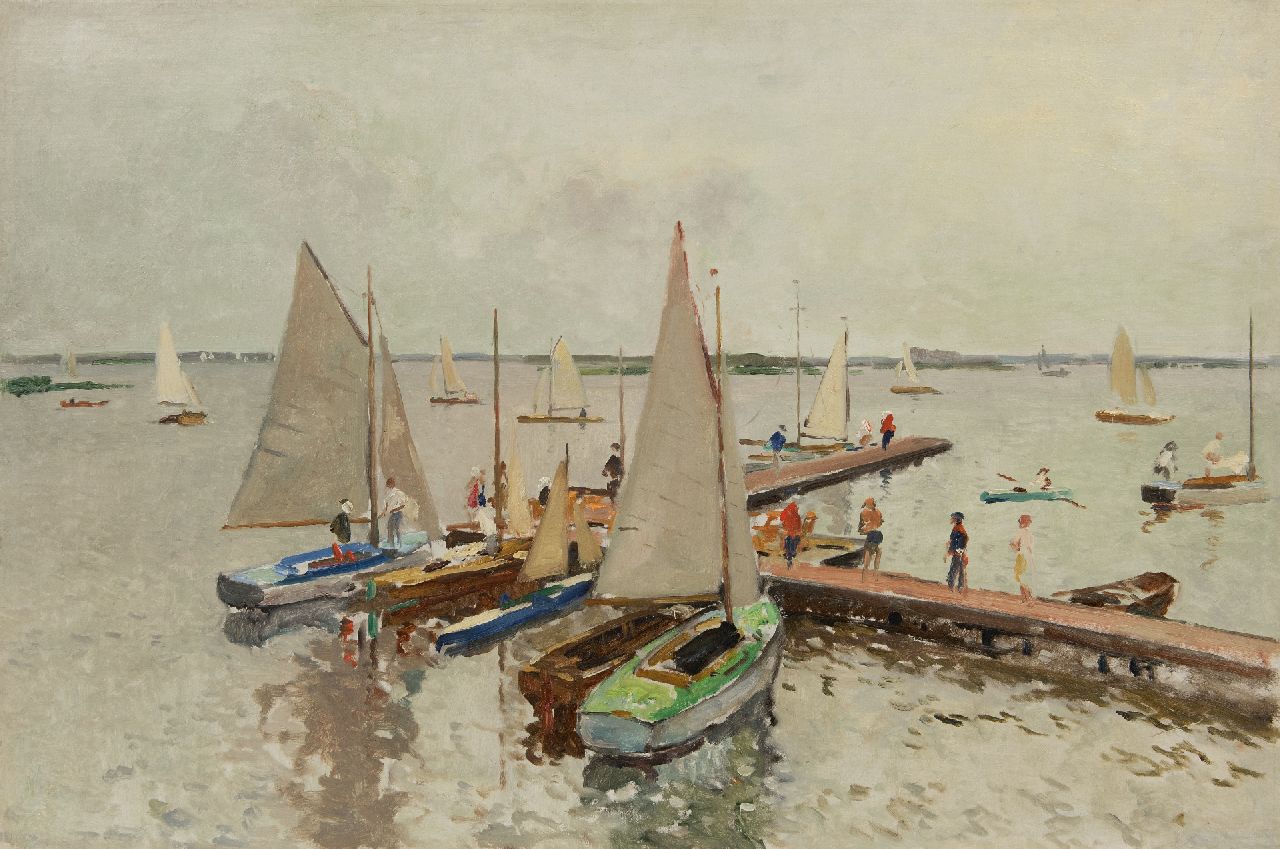 Vreedenburgh C.  | Cornelis Vreedenburgh, Angelegte Segelschiffe auf den Loosdrechtse Plassen, Öl auf Leinwand 59,0 x 89,0 cm, Unterzeichnet l.u. (resten) und zu datieren ca. 1937