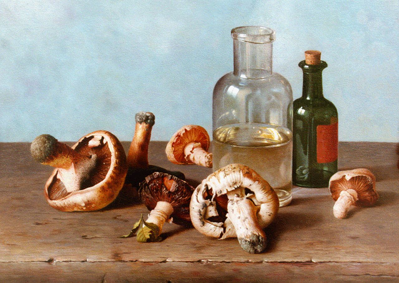 Bubarnik G.  | Gyula Bubarnik, Mushrooms and bottles on a marble ledge, Öl auf Holz 32,8 x 40,8 cm, signed l.r.