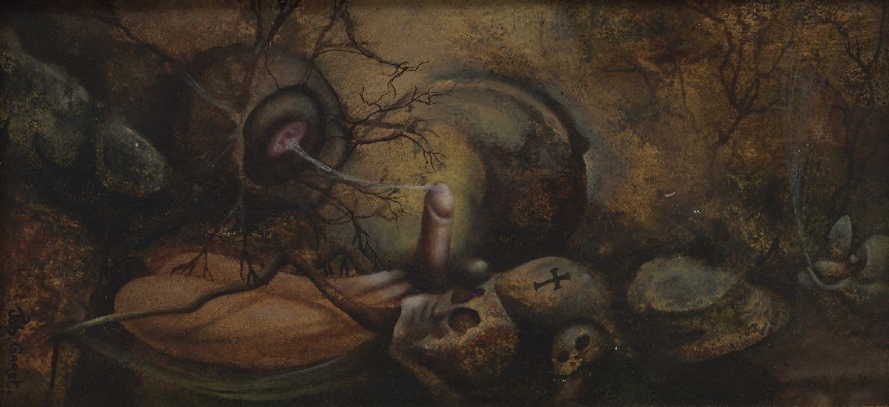 Garst J.  | Johannes Garst | Gemälde zum Verkauf angeboten | Erotische Fantasy-Performance, Öl auf Holzfaser 10,1 x 20,1 cm, Unterzeichnet u.l.