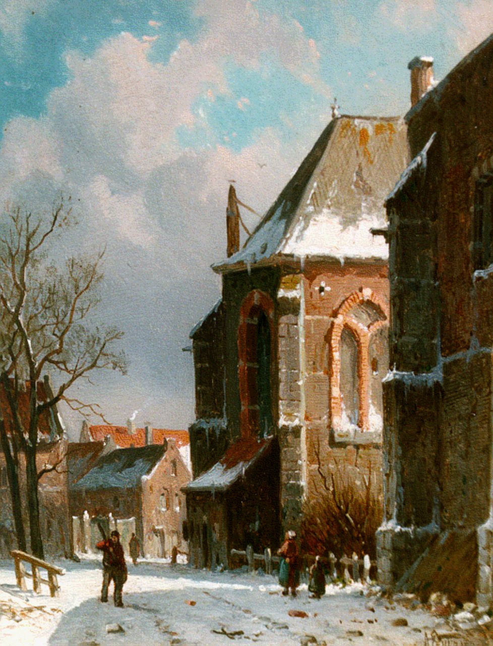 Eversen A.  | Adrianus Eversen, A snow-covered street, Öl auf Holz 19,0 x 15,1 cm, signed l.r.