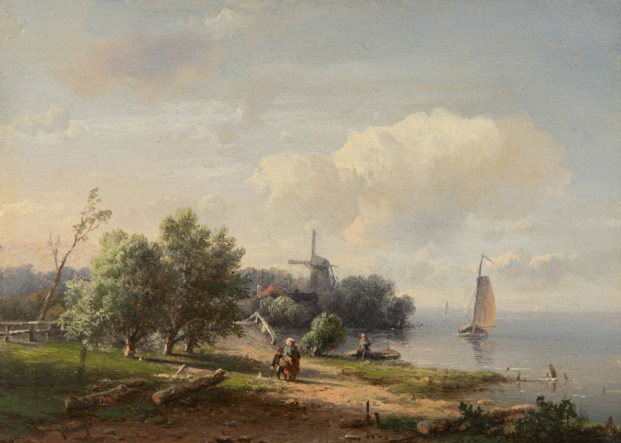 Kluyver P.L.F.  | 'Pieter' Lodewijk Francisco Kluyver | Gemälde zum Verkauf angeboten | Sommerlandschaft mit Figuren und Mühle am Wasser, Öl auf Holz 13,2 x 18,5 cm, Unterzeichnet u.l.