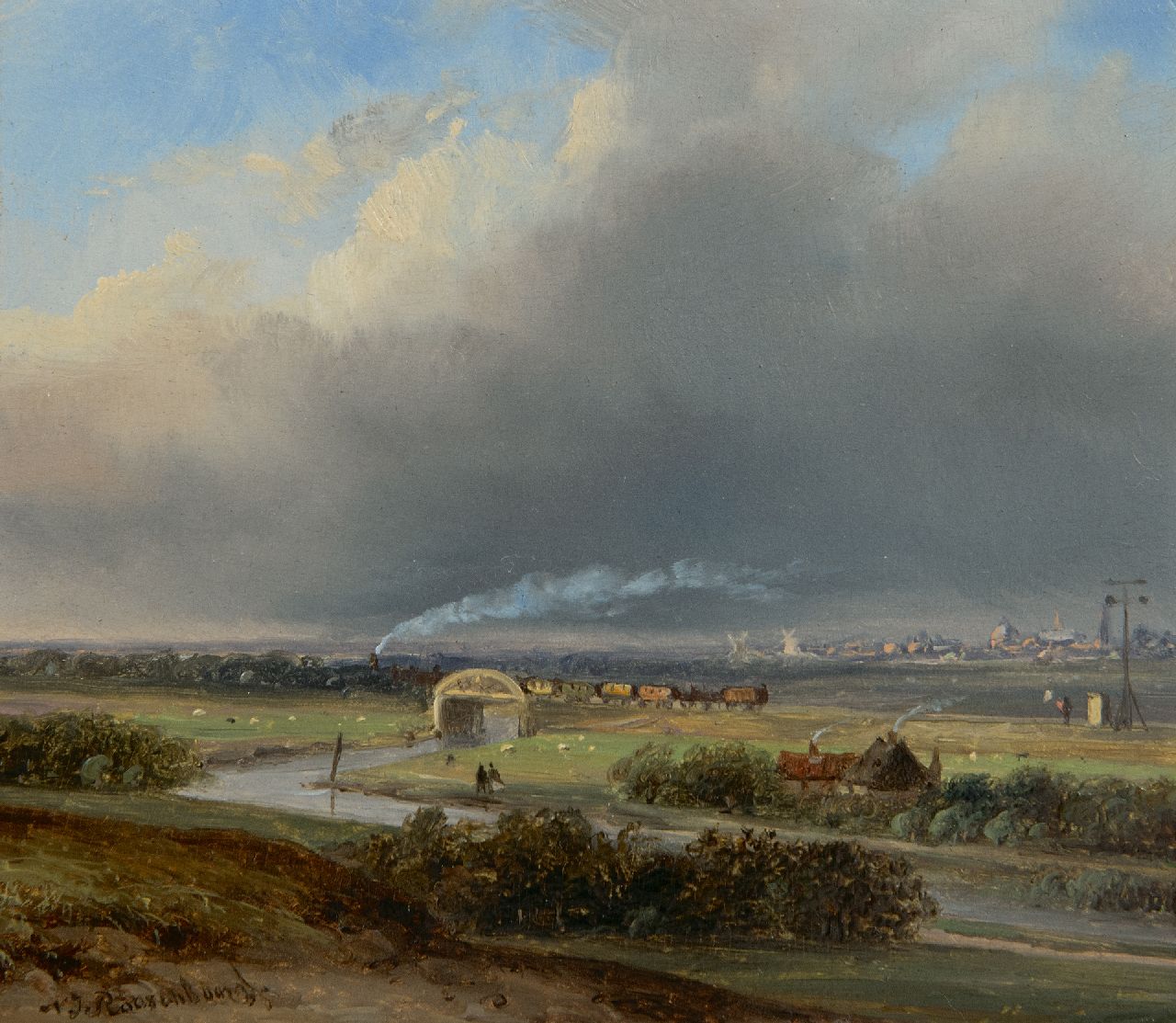 Roosenboom N.J.  | Nicolaas Johannes Roosenboom | Gemälde zum Verkauf angeboten | Panoramalandschaft mit Dampfzug in der Ferne, Öl auf Tafel 13,7 x 15,8 cm, Unterzeichnet u.l.