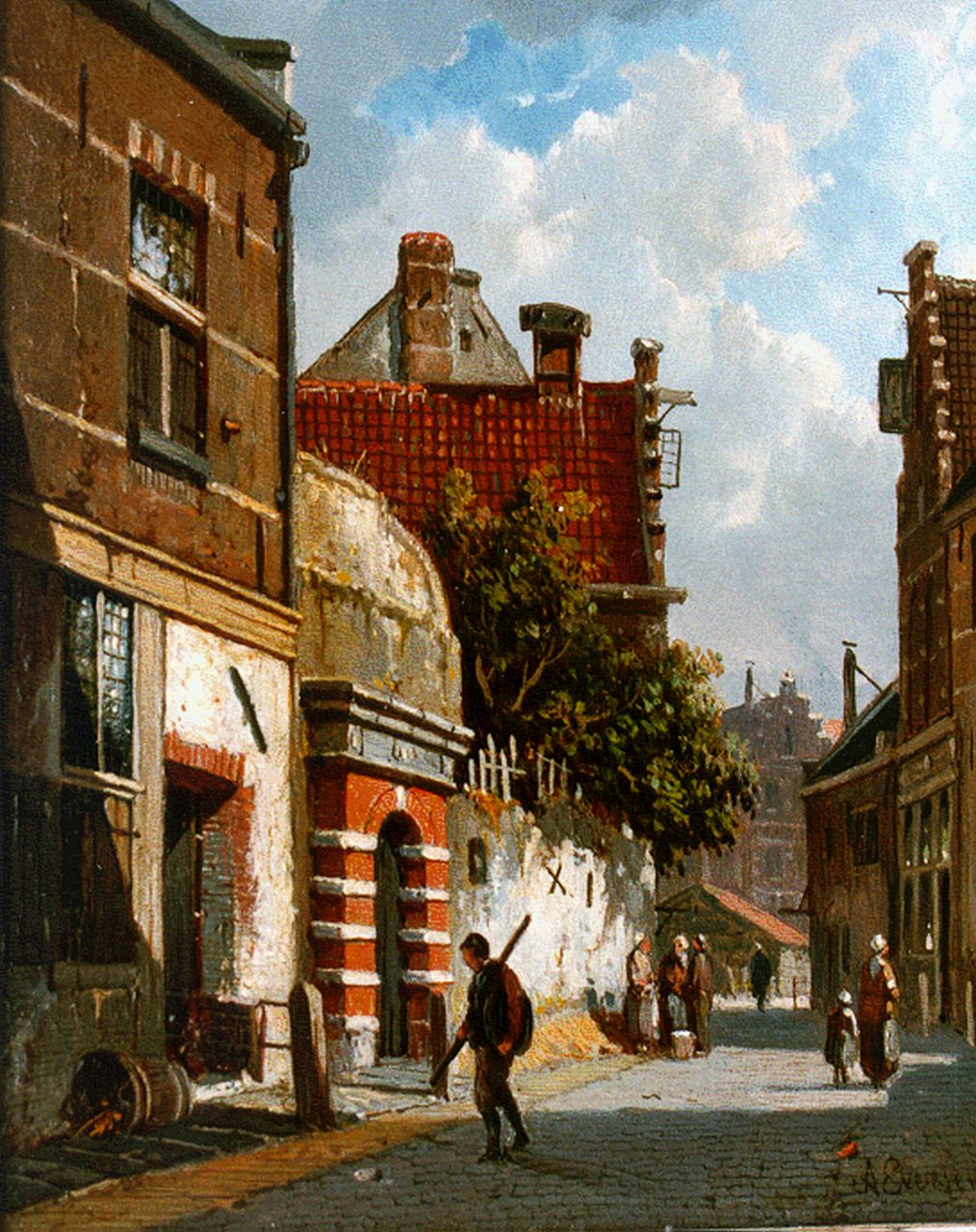 Eversen A.  | Adrianus Eversen, A sunlit street, Öl auf Holz 19,0 x 15,1 cm, signed l.r.