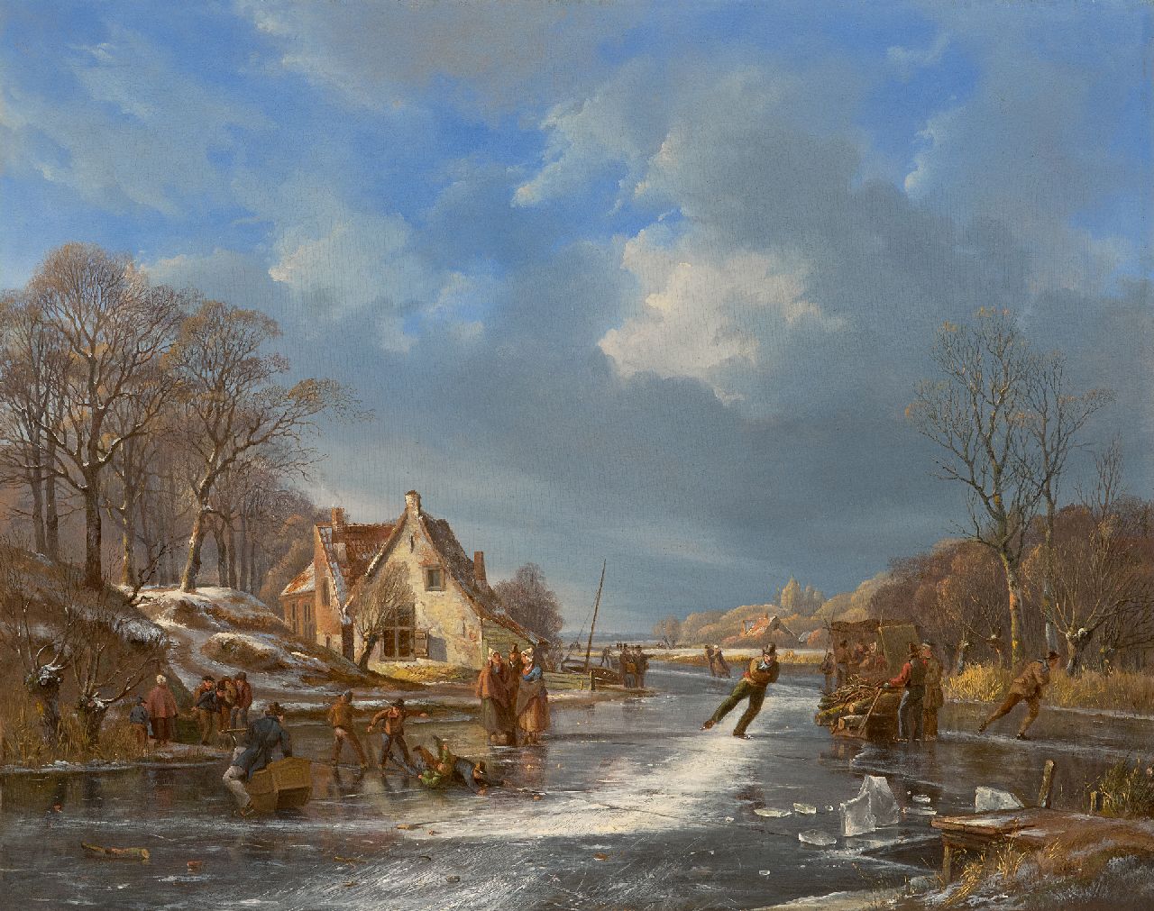 Cate H.G. ten | Hendrik Gerrit ten Cate | Gemälde zum Verkauf angeboten | Winteransicht mit Schlittschuhläufern und Jungen auf dem Eis, Öl auf Holz 39,0 x 49,0 cm
