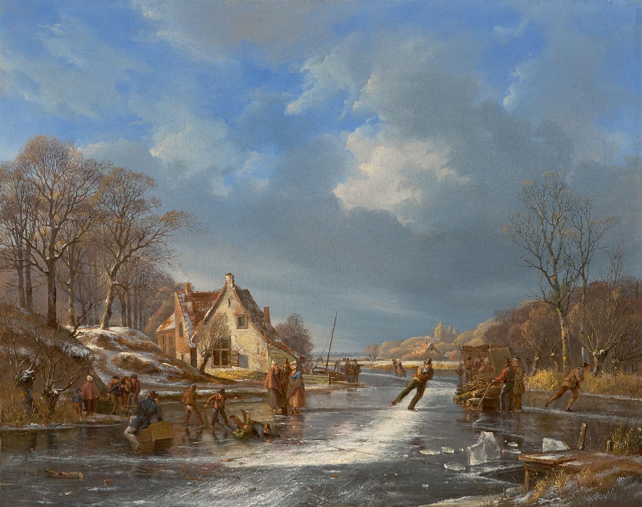 Breuhaus de Groot F.  | Frans Breuhaus de Groot | Gemälde zum Verkauf angeboten | Winteransicht mit Schlittschuhläufern und Jungen auf dem Eis, Öl auf Holz 39,0 x 49,0 cm