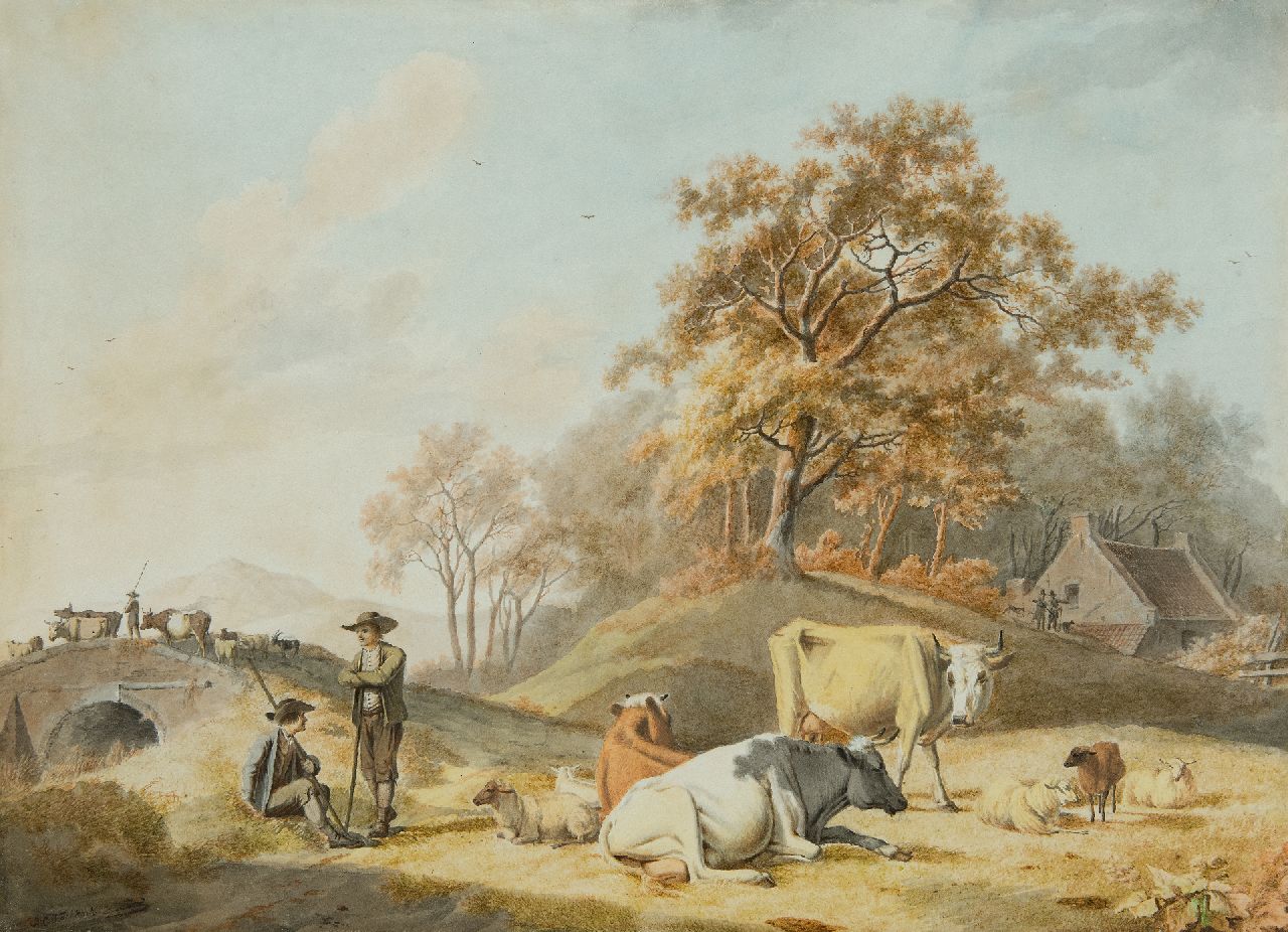 Koekkoek B.C.  | Barend Cornelis Koekkoek | Aquarelle und Zeichnungen zum Verkauf angeboten | Arkadische Landschaft mit Hirten und Rindern, Tinte und Aquarell auf Papier 26,7 x 37,5 cm, Unterzeichnet u.l. und zu datieren um 1824