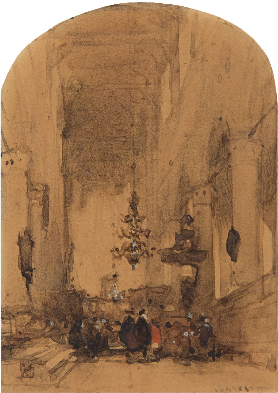 Bosboom J.  | Johannes Bosboom | Aquarelle und Zeichnungen zum Verkauf angeboten | Figuren im Pieterskerk, Leiden, Tinte und Aquarell auf Papier 11,9 x 8,4 cm, Unterzeichnet u.r.