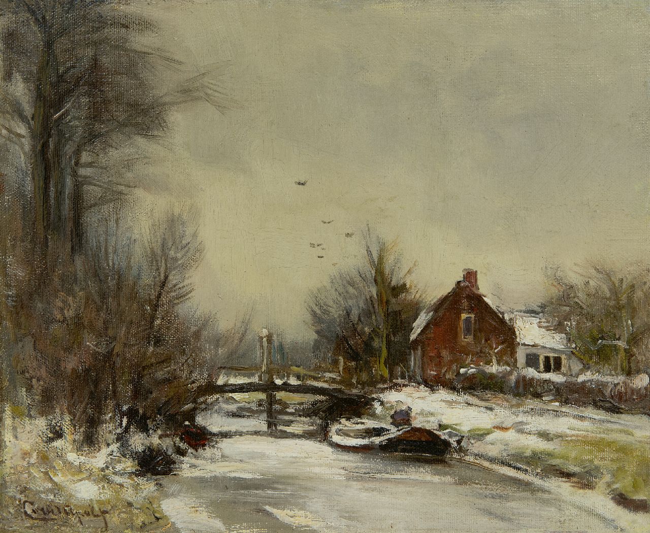 Apol L.F.H.  | Lodewijk Franciscus Hendrik 'Louis' Apol, Haus an einem Kanal im Schnee, Öl auf Holzfaser 25,1 x 30,5 cm, Unterzeichnet u.l.