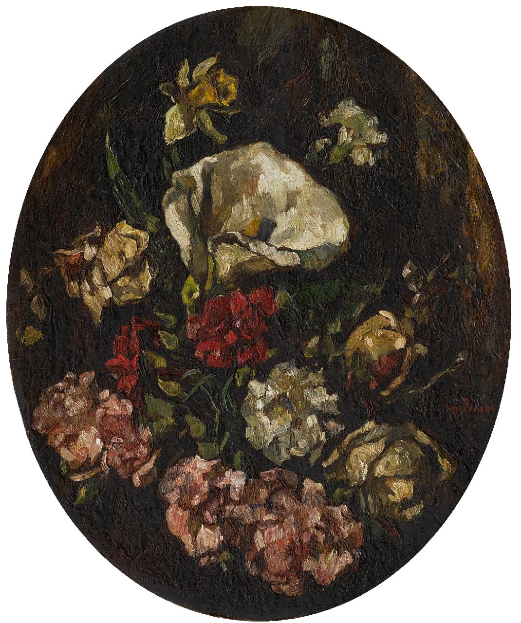 Zwart W.H.P.J. de | Wilhelmus Hendrikus Petrus Johannes 'Willem' de Zwart | Gemälde zum Verkauf angeboten | Ein Bouquet mit Aronstab, Narzisse und Rosen, Öl auf Leinwand 44,2 x 35,3 cm, Unterzeichnet m.r.