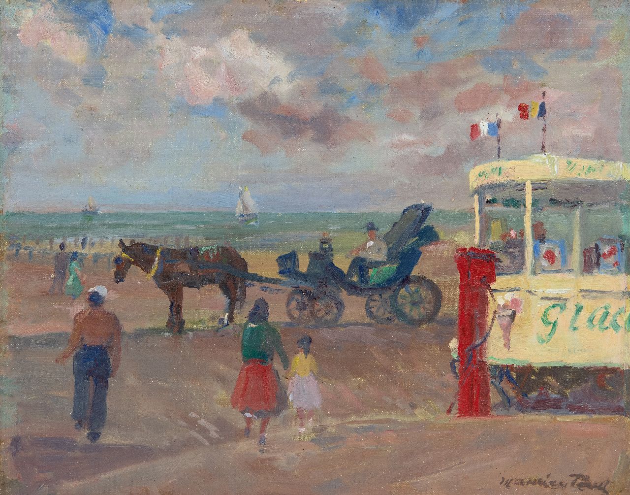 Paul M.  | Maurice Paul, Eiswagen am Strand, Öl auf Leinwand  auf Holzfaser 28,2 x 36,1 cm, Unterzeichnet u.r.