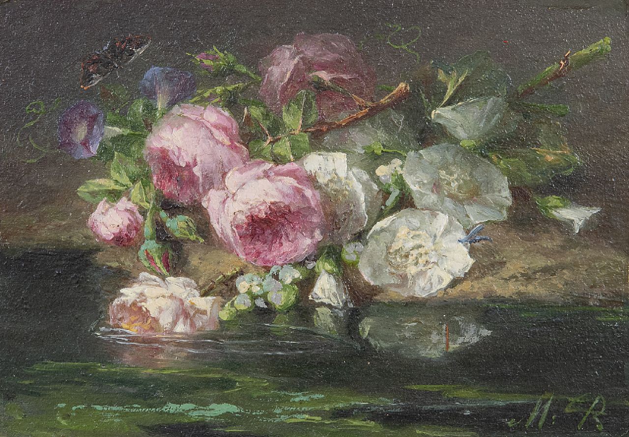 Roosenboom M.C.J.W.H.  | 'Margaretha' Cornelia Johanna Wilhelmina Henriëtta Roosenboom, Rosen auf dem Waldboden, Öl auf Holz 9,0 x 12,9 cm, Unterzeichnet u.r. mit Initialen