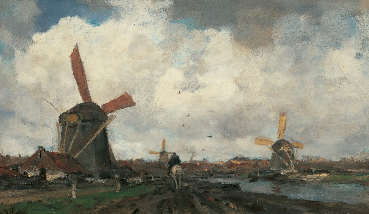 Maris J.H.  | Jacobus Hendricus 'Jacob' Maris, Mühlen am Kanal, Öl auf Leinwand 38,3 x 64,9 cm, Unterzeichnet l.u.