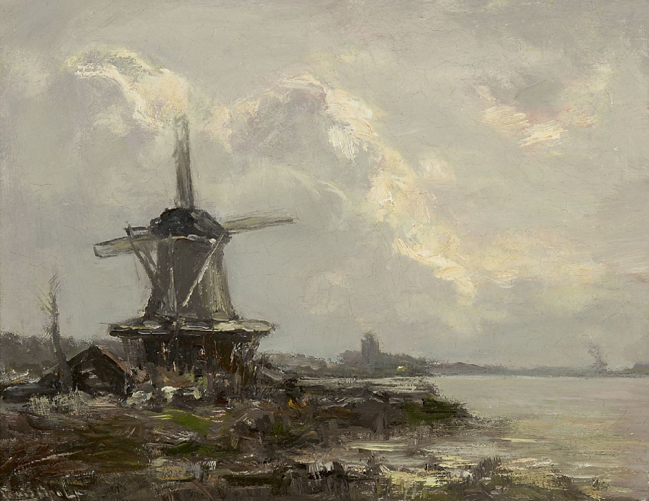 Apol L.F.H.  | Lodewijk Franciscus Hendrik 'Louis' Apol, Eine Windmühle am Fluss Vliet, Öl auf Leinwand 25,3 x 32,5 cm, Unterzeichnet l.u.