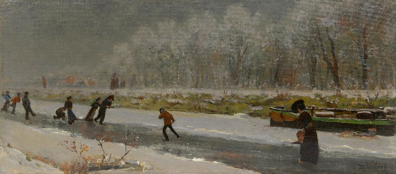 Jordens D.  | Daniël Jordens | Gemälde zum Verkauf angeboten | Skater auf einem gefrorenen Fluss, Öl auf Leinwand  auf Holzfaser 27,3 x 59,8 cm, Unterzeichnet u.r. und datiert 1909