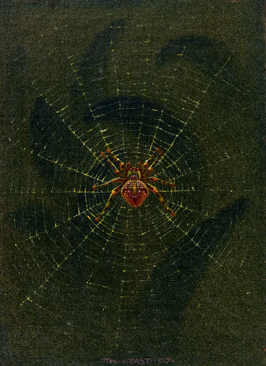 Ton van Tast | Spinnen im Netz, Öl auf Leinwand auf Holz, 17,5 x 13,0 cm, Unterzeichnet u.m. und datiert 1917