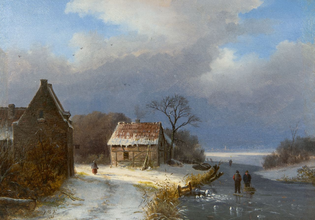 Klombeck J.B.  | Johann Bernard Klombeck | Gemälde zum Verkauf angeboten | Winterlandschaft mit Skatern und Holzsammler, Öl auf Holz 22,9 x 31,3 cm, Unterzeichnet u.l. mit Initialen und datiert 1841