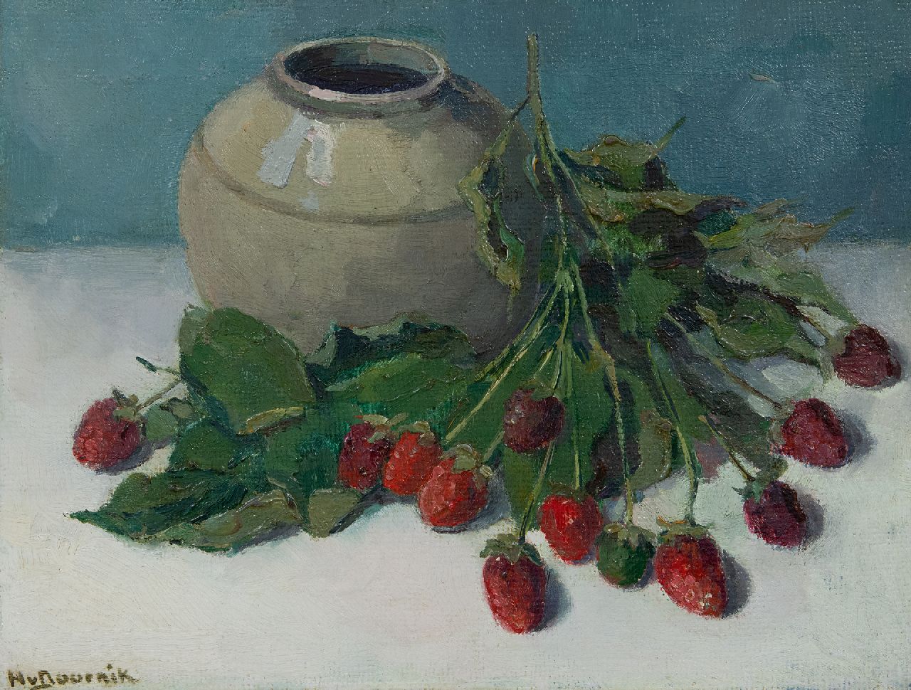 Heertje van Doornik | Stilleben mit Walderdbeeren und Ingwerglas, Öl auf Malereifaser, 24,0 x 31,6 cm, Unterzeichnet u.l.