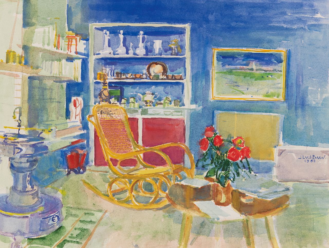 Baan J.L. van der | 'Jan' Lucas van der Baan | Aquarelle und Zeichnungen zum Verkauf angeboten | Interieur, Aquarell auf Papier 47,0 x 62,5 cm, Unterzeichnet M.r und datiert 1980