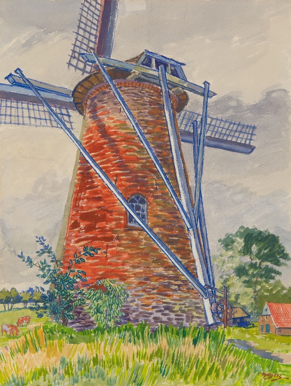 Melgers H.J.  | Hendrik Johan 'Henk' Melgers | Aquarelle und Zeichnungen zum Verkauf angeboten | Windmühle in Saasveld, Gouache auf Papier 49,4 x 37,2 cm, Unterzeichnet u.r.