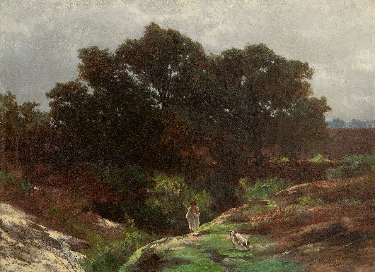Louwrens Hanedoes | Junger Hirte mit seinem Hund in einer Heidelandschaft, Öl auf Leinwand, 25,4 x 34,2 cm, Unterzeichnet u.r. und im Verso mit Künstlerstempel und datiert 1863