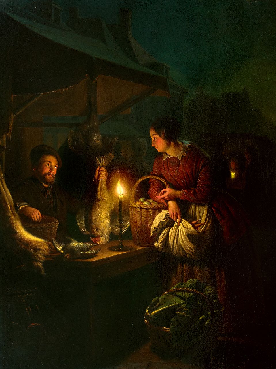 Schendel P. van | Petrus van Schendel, Wild- und Geflügelverkäufer im Kerzenlicht, Öl auf Holz 57,0 x 42,8 cm, Unterzeichnet u.r. und datiert 1856