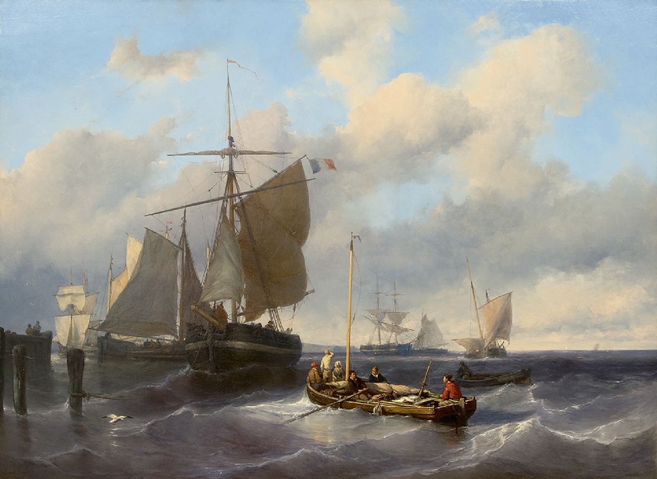 Meijer J.H.L.  | Johan Hendrik 'Louis' Meijer | Gemälde zum Verkauf angeboten | Die Segel setzen beim Hafen Eingang, Öl auf Holz 79,8 x 110,5 cm, Unterzeichnet u.l.
