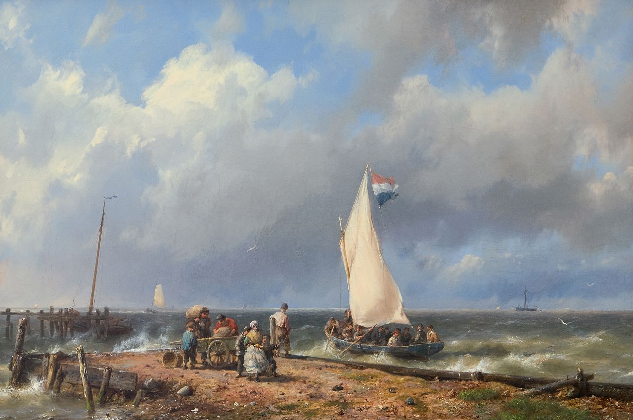 Koekkoek H.  | Hermanus Koekkoek, Ein holländisches Segelboot, das Segel nahe einer Hafeneinfahrt einstellt, Öl auf Leinwand 32,1 x 46,9 cm, Unterzeichnet u.r. und VERKOCHT