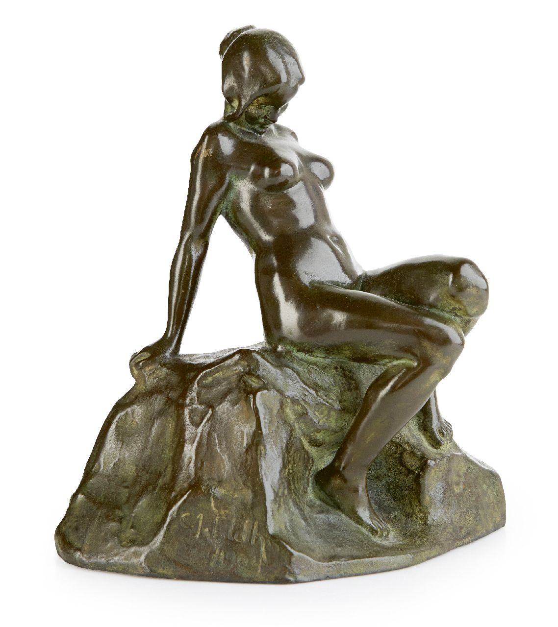 Eldh C.J.  | Carl Johan Eldh | Skulpturen und Objekte zum Verkauf angeboten | Sitzender weiblicher Akt, Bronze 25,0 x 22,5 cm, Unterzeichnet auf der Basis und datiert 1904