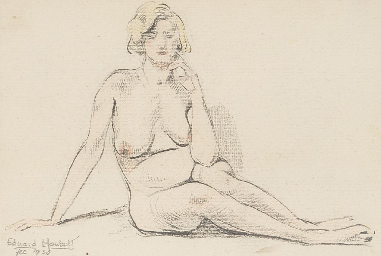 Houbolt E.  | 'Eduard' Johannes Fredericus Houbolt | Aquarelle und Zeichnungen zum Verkauf angeboten | Akt, sitzend, Bleistift und Kreide auf Papier 11,5 x 16,8 cm, Unterzeichnet u.l. und datiert '30