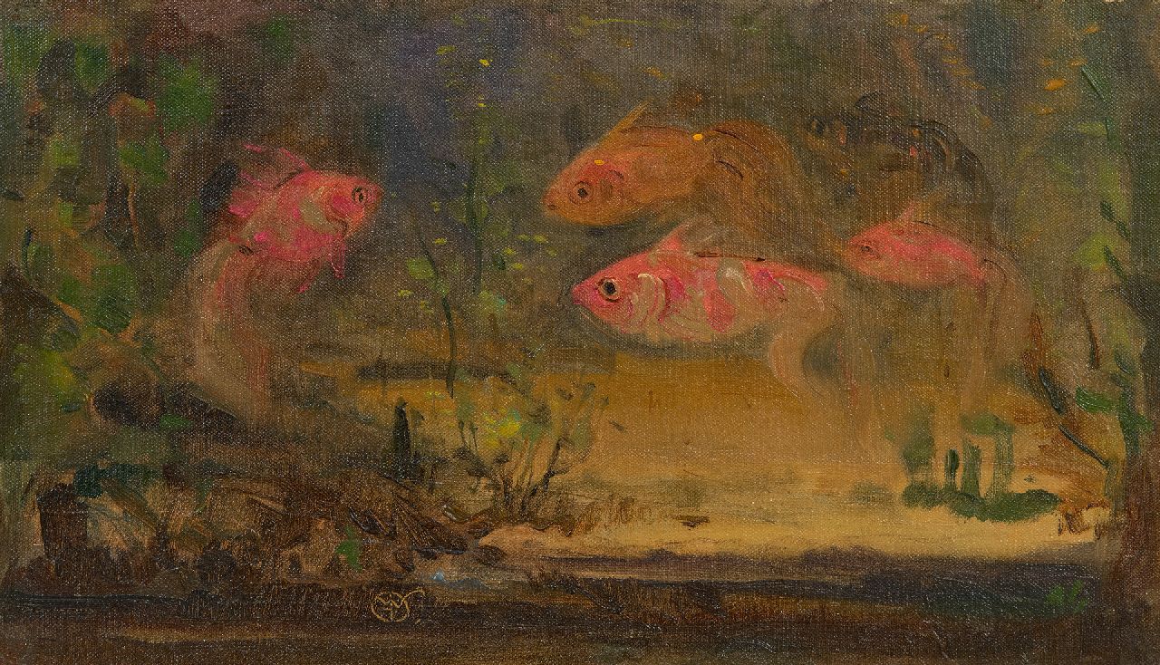 Dijsselhof G.W.  | Gerrit Willem Dijsselhof | Gemälde zum Verkauf angeboten | Schleierschwanzfischen, Öl auf Leinwand  auf Holzfaser 19,1 x 31,6 cm, Unterzeichnet u.l. mit Monogramm