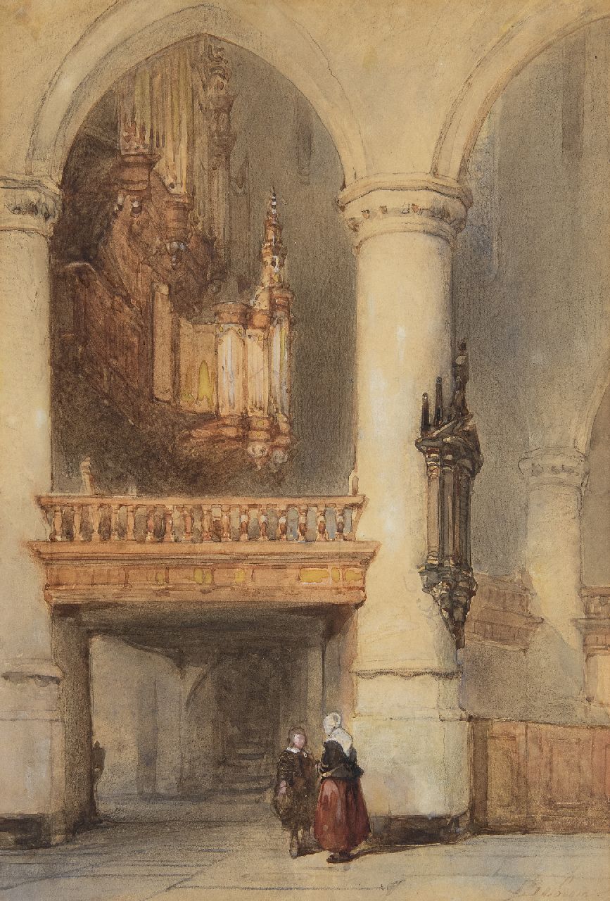 Bosboom J.  | Johannes Bosboom, Innenraum der Oude kerk in Delft, Kreide und Aquarell auf Papier 28,2 x 19,5 cm, Unterzeichnet u.r. und zu datieren um 1855