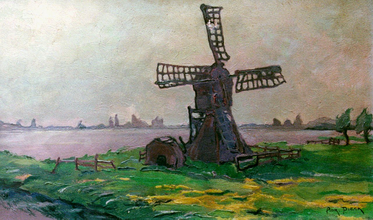 Pieck A.J.  | Adriana Jacoba 'Adri' Pieck, A windmill in a summer landscape at the Loosdrechtse Plassen, Öl auf Leinwand 30,4 x 50,2 cm, signed l.r.