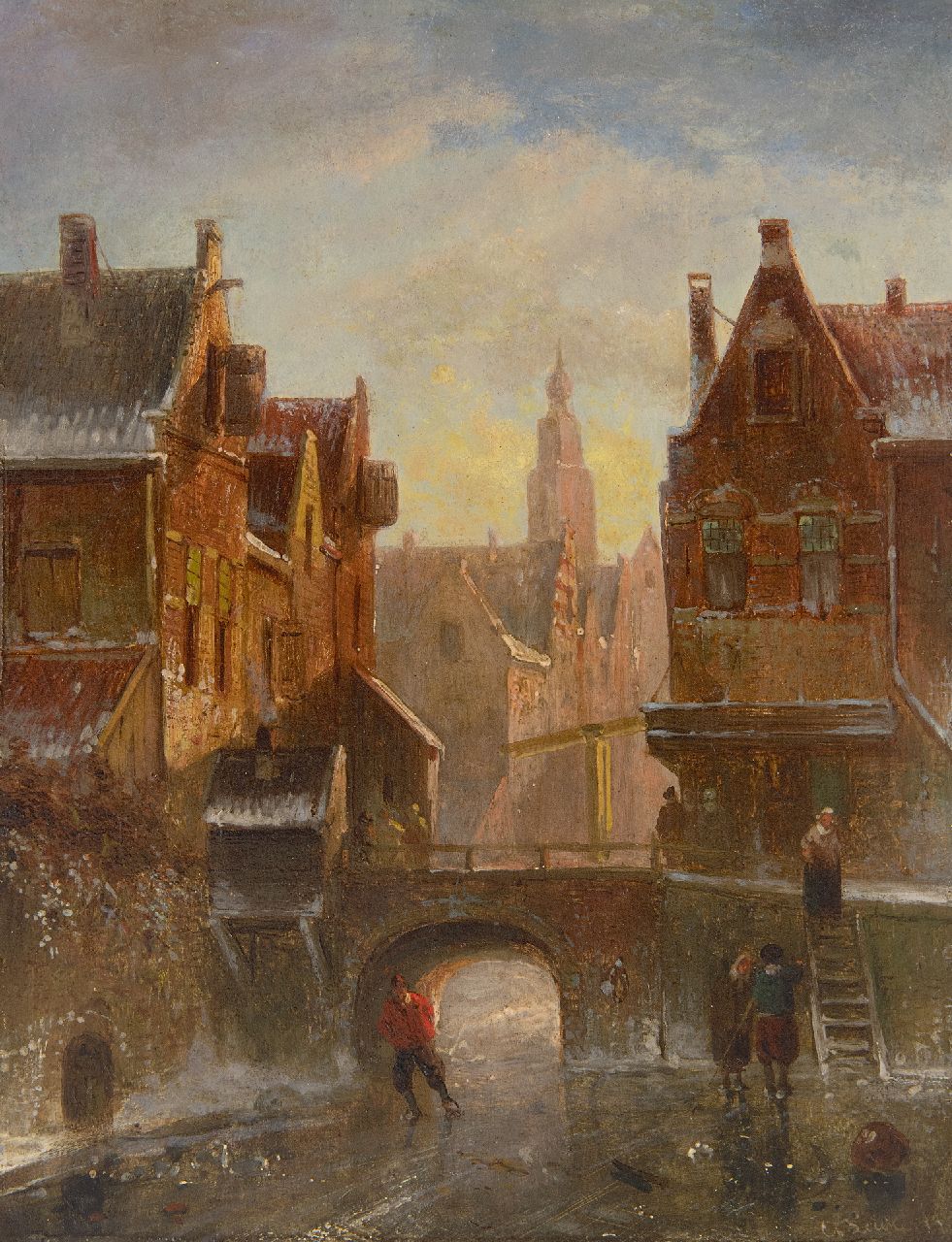 Leickert C.H.J.  | 'Charles' Henri Joseph Leickert, Winterstadtbild mit Figuren auf dem Eis, Öl auf Holz 25,1 x 19,8 cm, Unterzeichnet u.r.