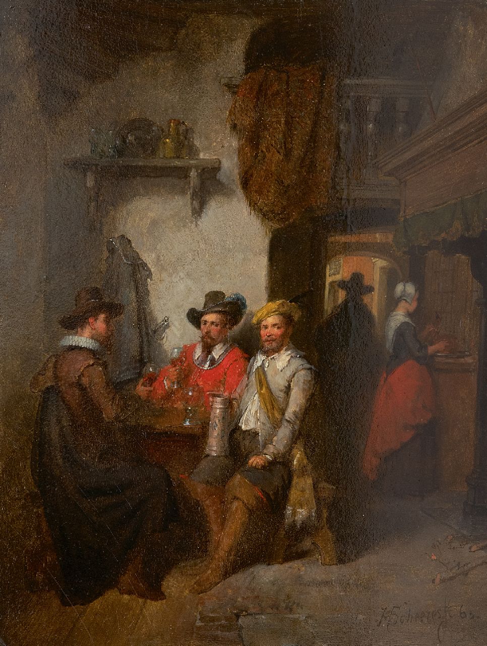 Scheeres H.J.  | Hendricus Johannes Scheeres | Gemälde zum Verkauf angeboten | Trinkende Gesellschaft in einem Gasthaus, Öl auf Holz 23,0 x 18,2 cm, Unterzeichnet u.r. und datiert '63
