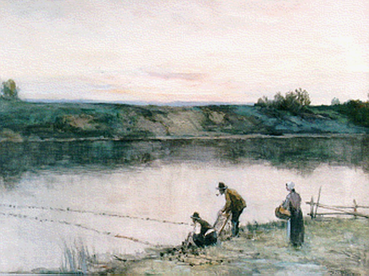 Höppe F.B.  | Ferdinand Bernhard Höppe, Anglers on the riverbank, Aquarell auf Papier 46,5 x 64,5 cm, signed l.r.