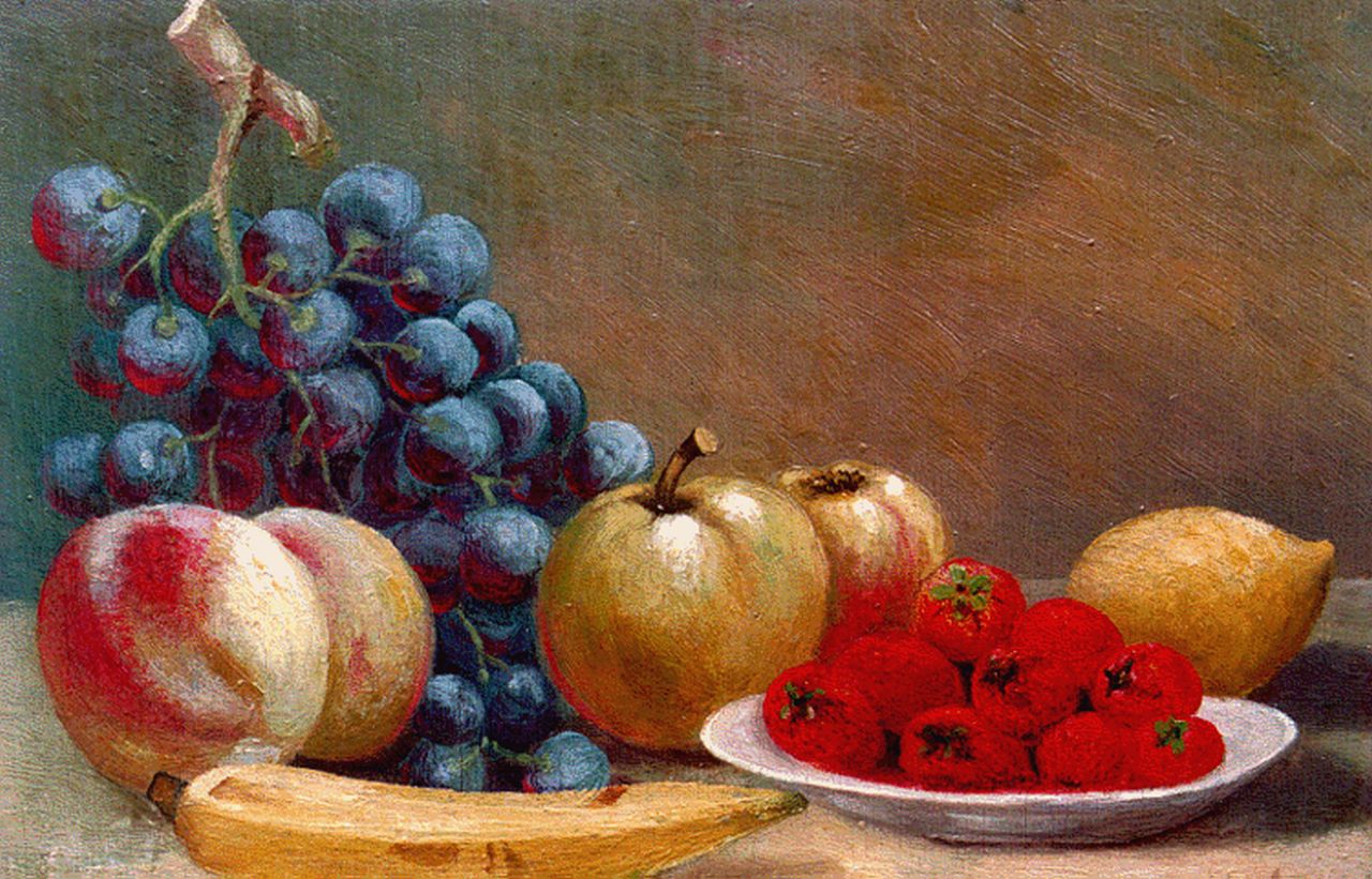 Mulder R.  | Mulder, A still life with strawberries, grapes and a lemon, Öl auf Holz 19,8 x 28,4 cm, signed l.r.
