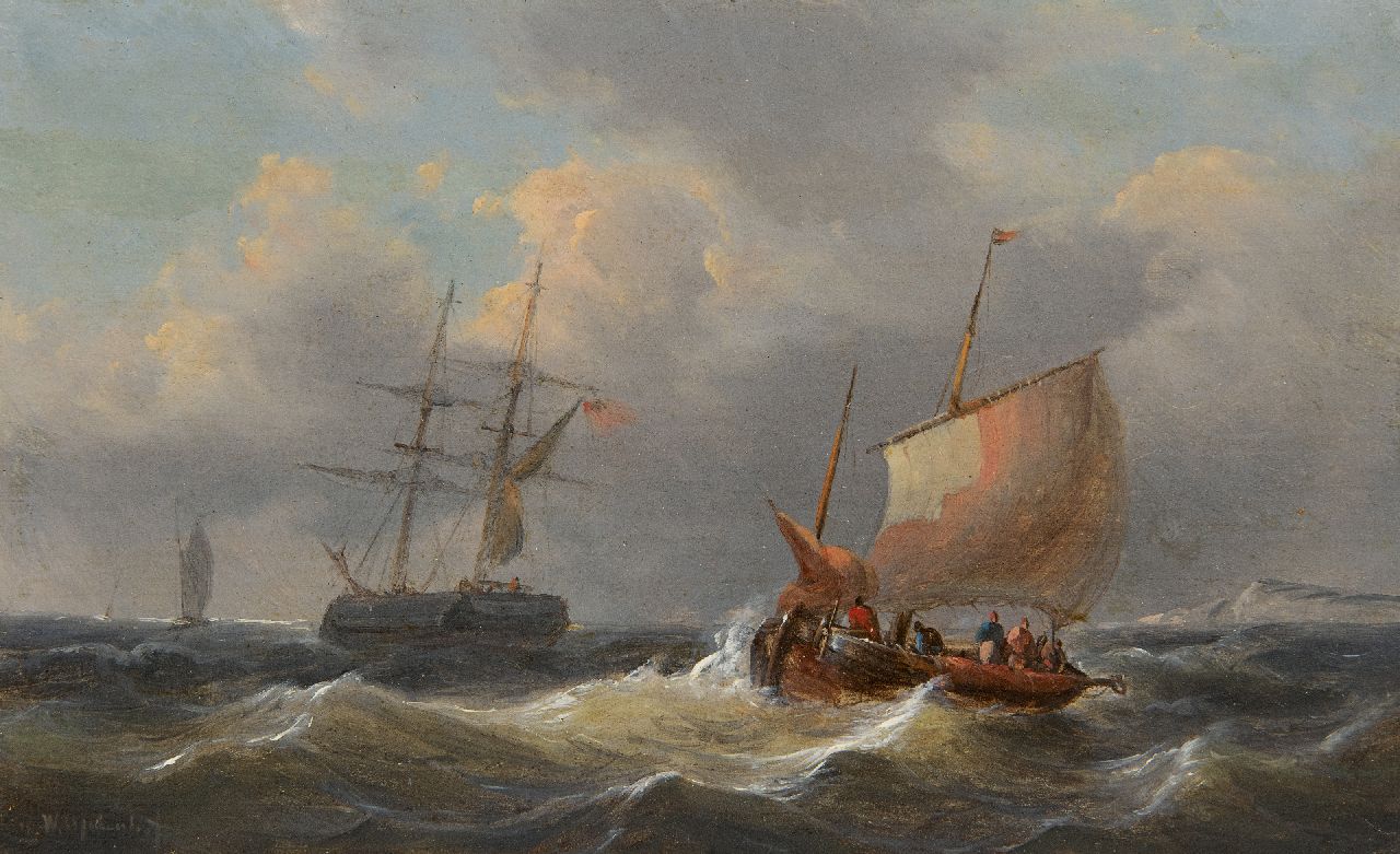 George Willem Opdenhoff | Segelschiffe auf stürmischer See, Öl auf Holz, 14,6 x 23,4 cm, Unterzeichnet u.l.