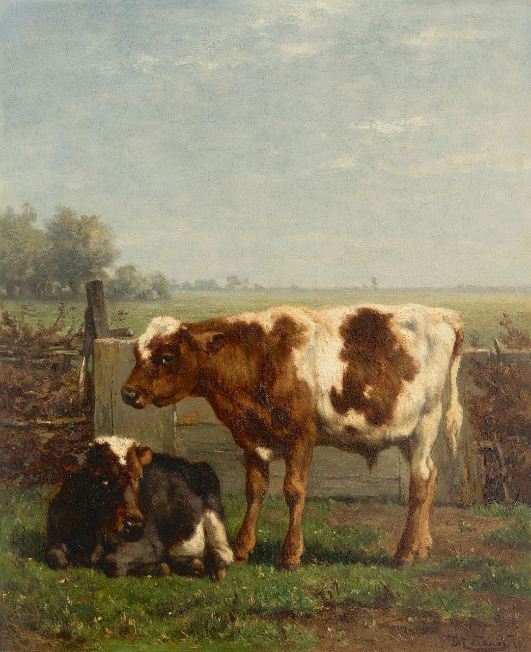 Haas J.H.L. de | Johannes Hubertus Leonardus de Haas | Gemälde zum Verkauf angeboten | Zwei junge Kühe an einem Zaun, Öl auf Holz 43,1 x 35,3 cm, Unterzeichnet u.r. und datiert '70