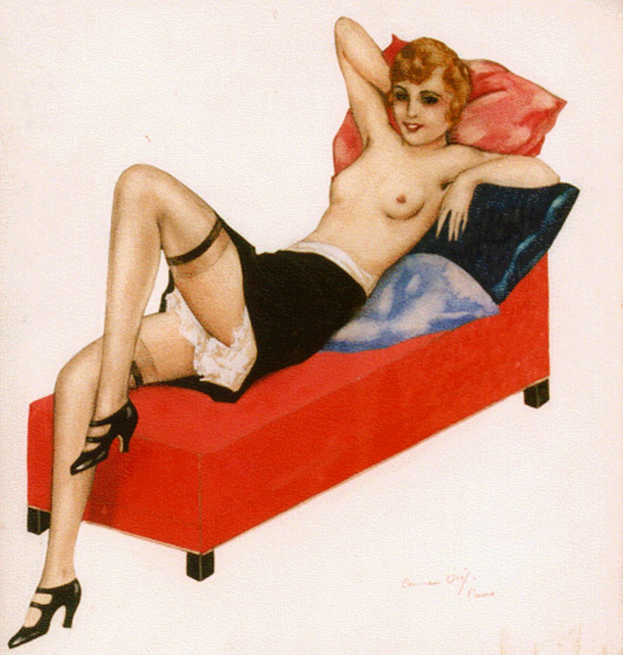 C. Osef | Woman on a couch, Gemischte Technik auf Papier, 26,0 x 24,0 cm, signed l.r.