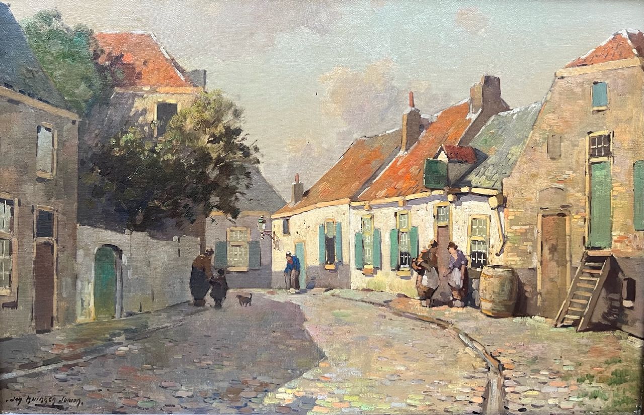 Knikker jr. J.S.  | 'Jan' Simon  Knikker jr. | Gemälde zum Verkauf angeboten | Sonniger Dorfblick mit Figuren, Öl auf Leinwand 40,7 x 60,5 cm, Unterzeichnet u.l. und ohne Rahmen