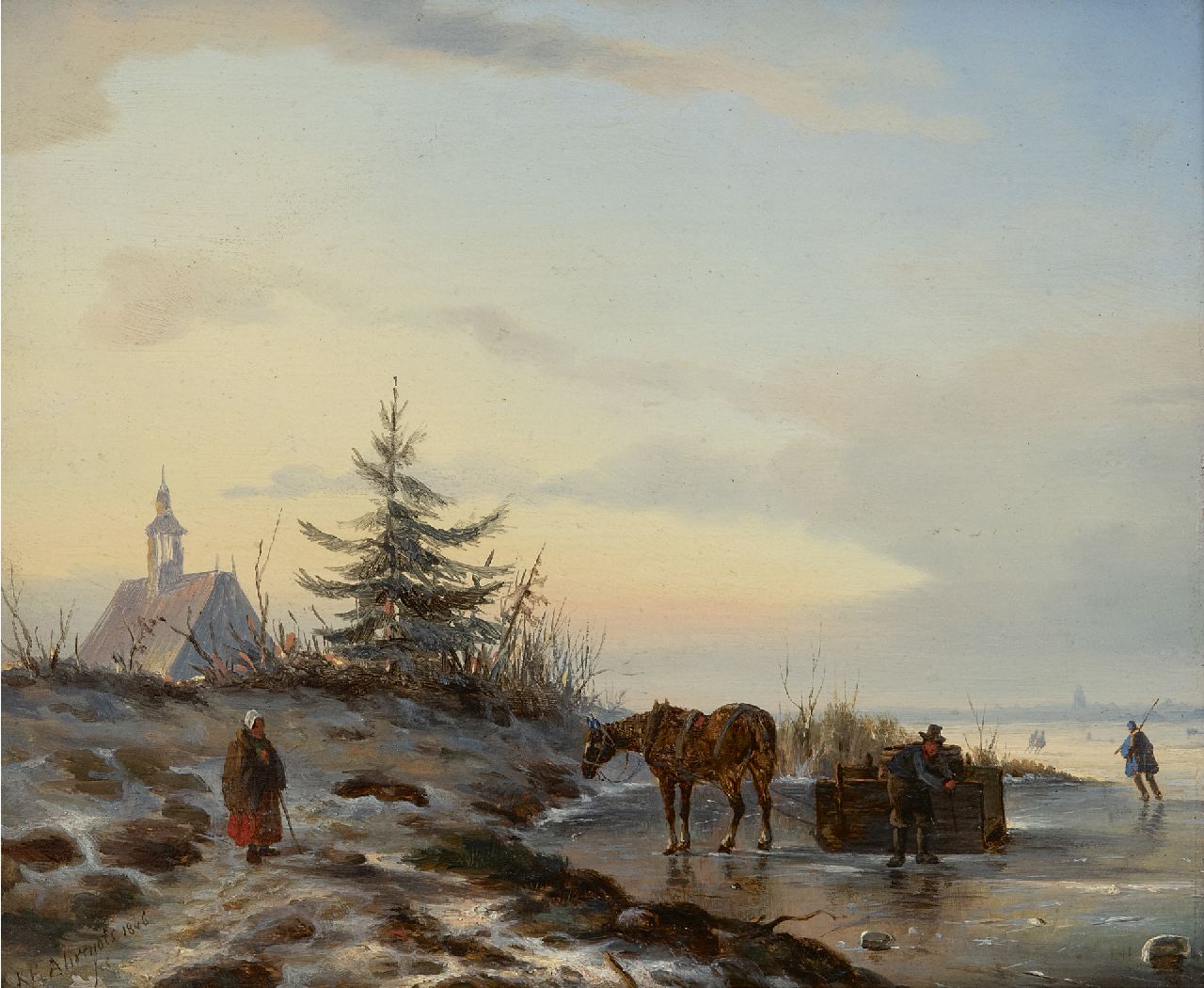 Ahrendts C.E.  | Carl Eduard Ahrendts, Pferd und Schlitten auf gefrorenem Fluss, Öl auf Holz 27,8 x 24,4 cm, Unterzeichnet u.l. und datiert 1846
