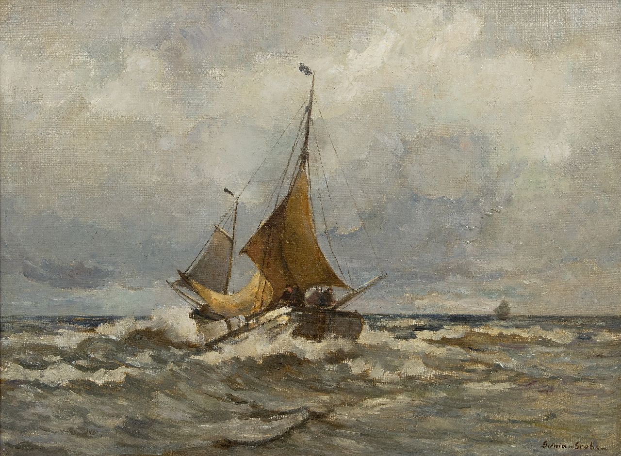 Grobe P.G. | Philipp 'German' Grobe, Zurückkehrendes Fischerboot, Öl auf Leinwand 60,3 x 80,0 cm, Unterzeichnet r.u. Grobe P.G. | Philipp 'German' Grobe, Zurückkehrendes Fischerboot, Öl auf Leinwand 60,3 x 80,0 cm, Unterzeichnet r.u.