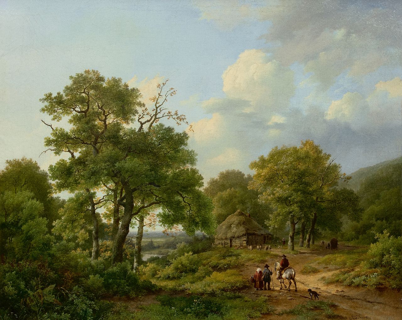 Koekkoek I M.A.  | Marinus Adrianus Koekkoek I, Waldlandschaft mit Landleuten und Reiter, Öl auf Leinwand 70,0 x 84,0 cm, Unterzeichnet r.u.