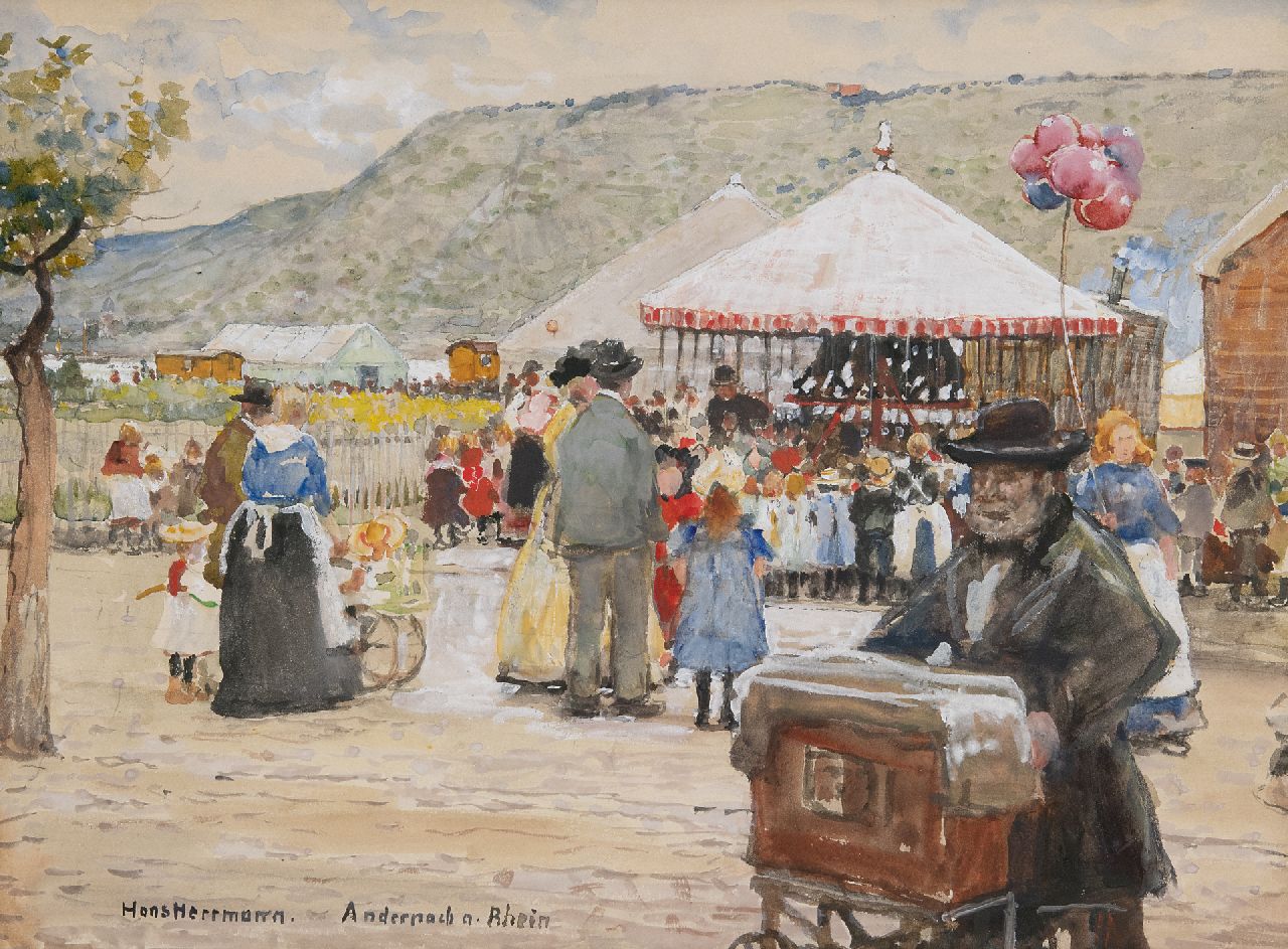 Hans Hermann | Jahrmarkt in Andernach am Rhein, Aquarell und Gouache auf Papier, 26,8 x 36,3 cm, Unterzeichnet u.l.