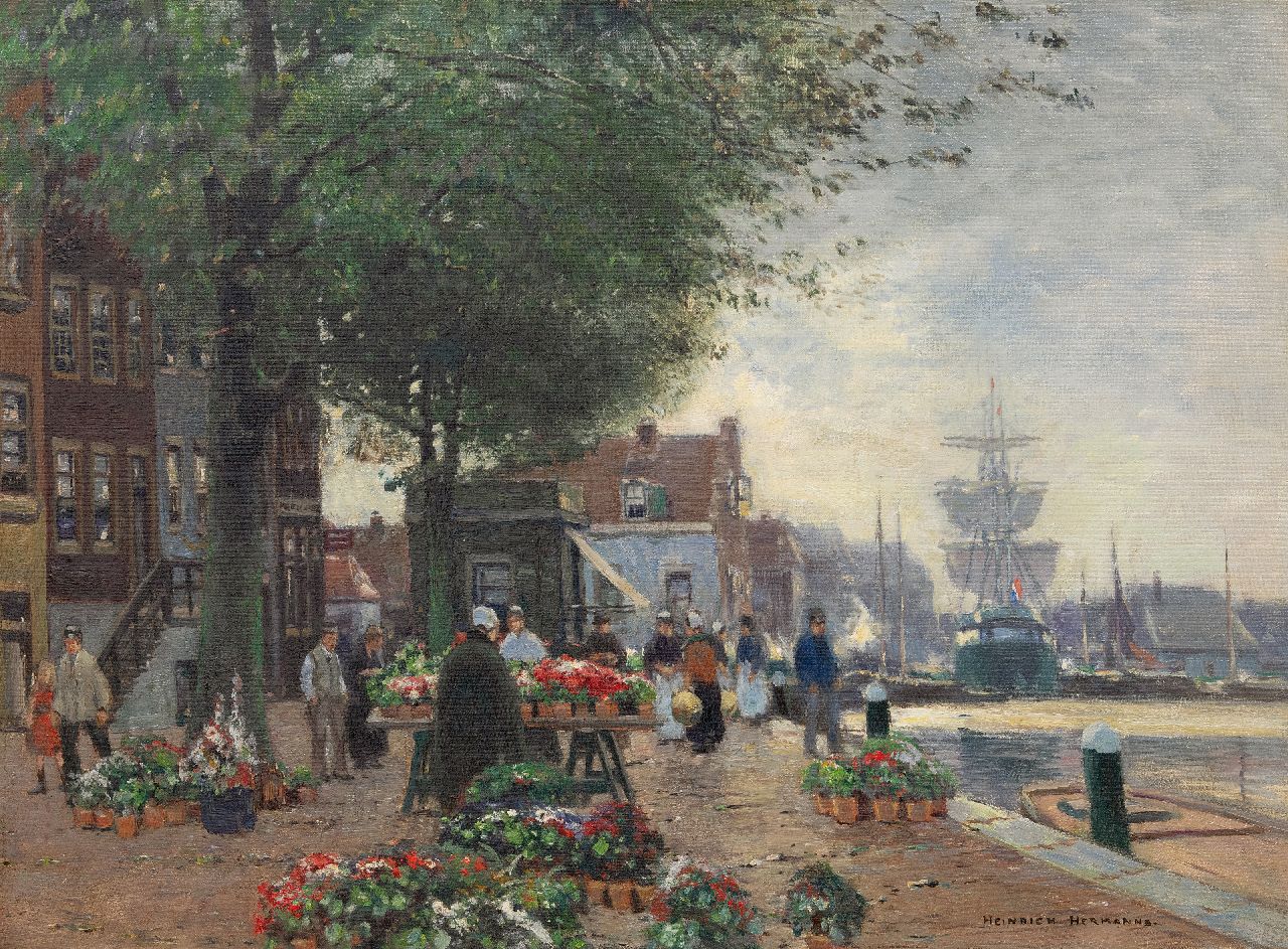 Heinrich Hermanns | Blumenmarkt am Hafenkai, Öl auf Leinwand, 60,5 x 80,7 cm, Unterzeichnet u.r.
