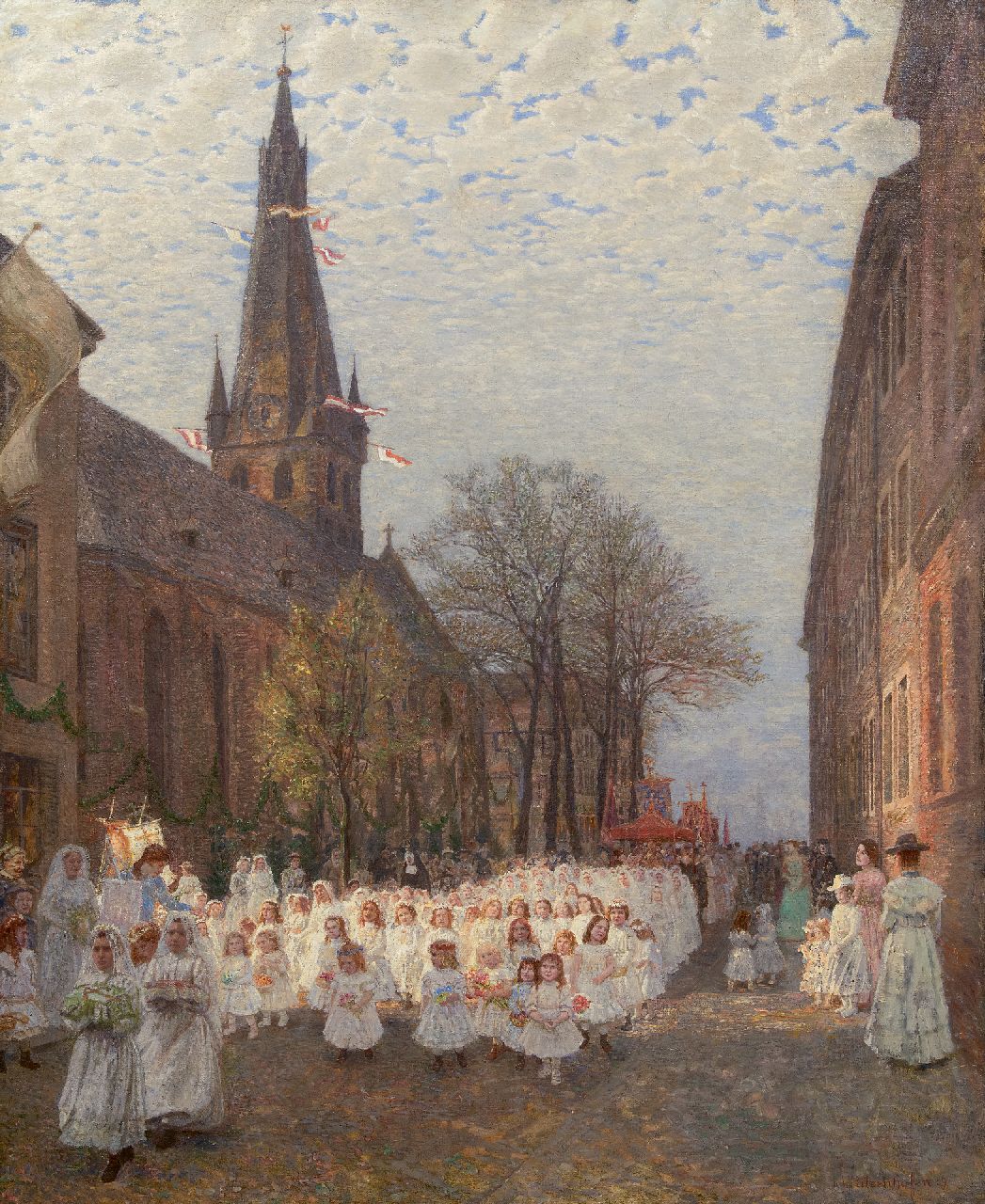 Ritzenhofen H.  | Hubert Ritzenhofen | Gemälde zum Verkauf angeboten | Prozession der Erstkommunikanten neben der Kirche St. Lambertus in Düsseldorf, Öl auf Leinwand 116,9 x 96,0 cm, Unterzeichnet u.r. und am Rückseite auf Etikett und datiert '09