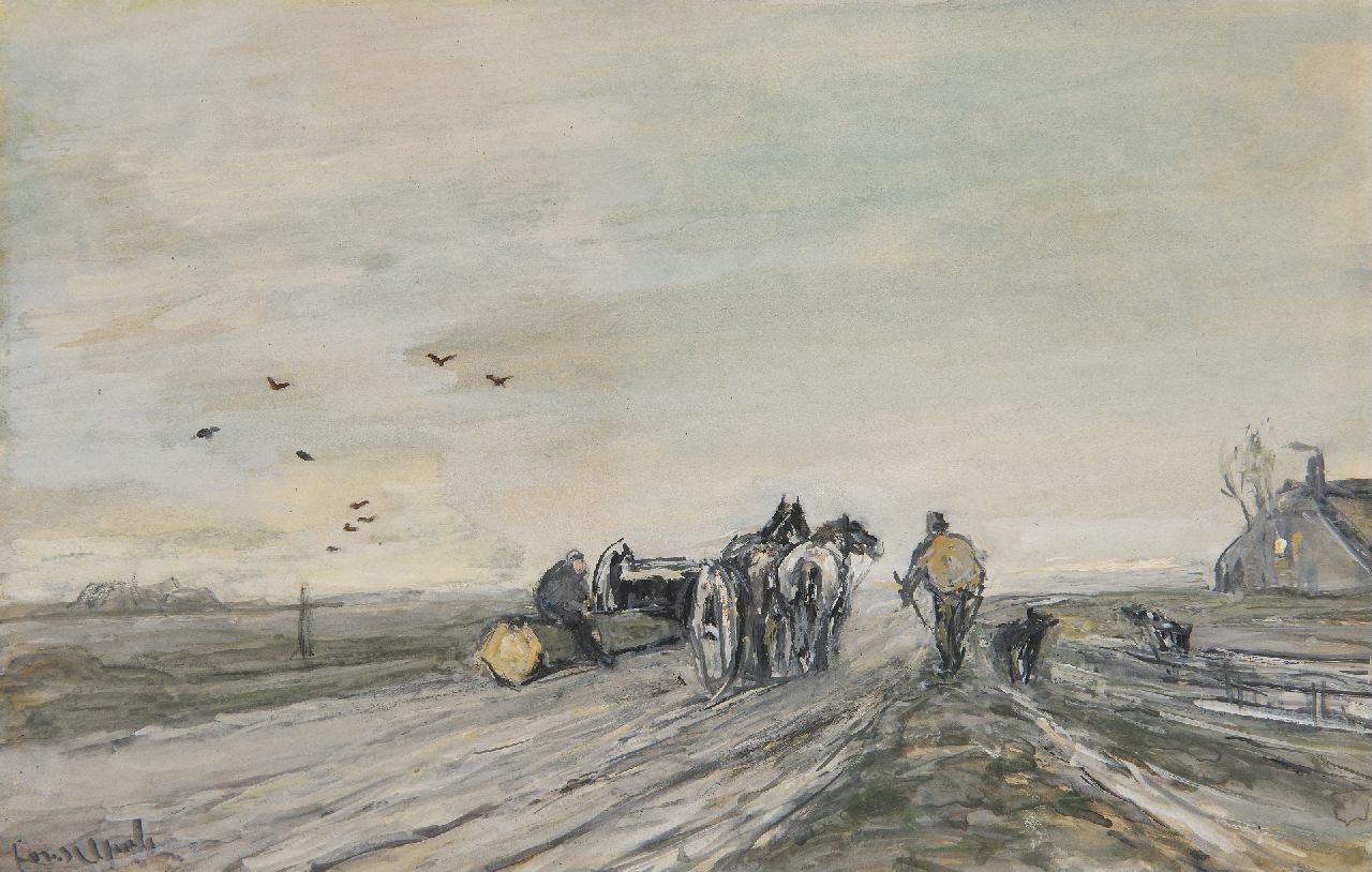 Apol L.F.H.  | Lodewijk Franciscus Hendrik 'Louis' Apol | Aquarelle und Zeichnungen zum Verkauf angeboten | Winterlandschaft Langholzwagen, Aquarell und Gouache auf Papier 15,7 x 24,7 cm, Unterzeichnet u.l.