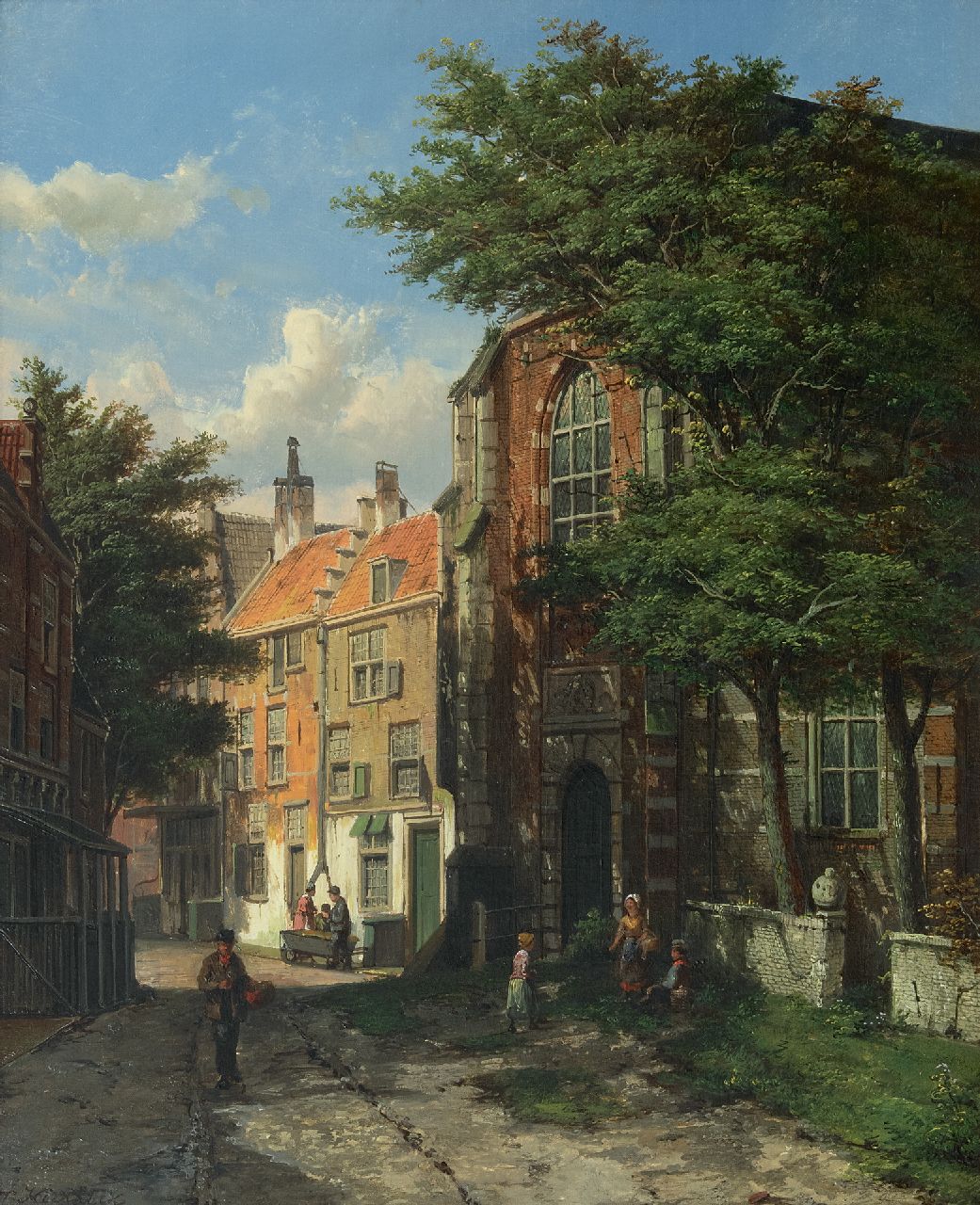 Koekkoek W.  | Willem Koekkoek, Sonnige Straße hinter der Kirche (Asperen), Öl auf Leinwand 56,5 x 46,2 cm, Unterzeichnet u.l.