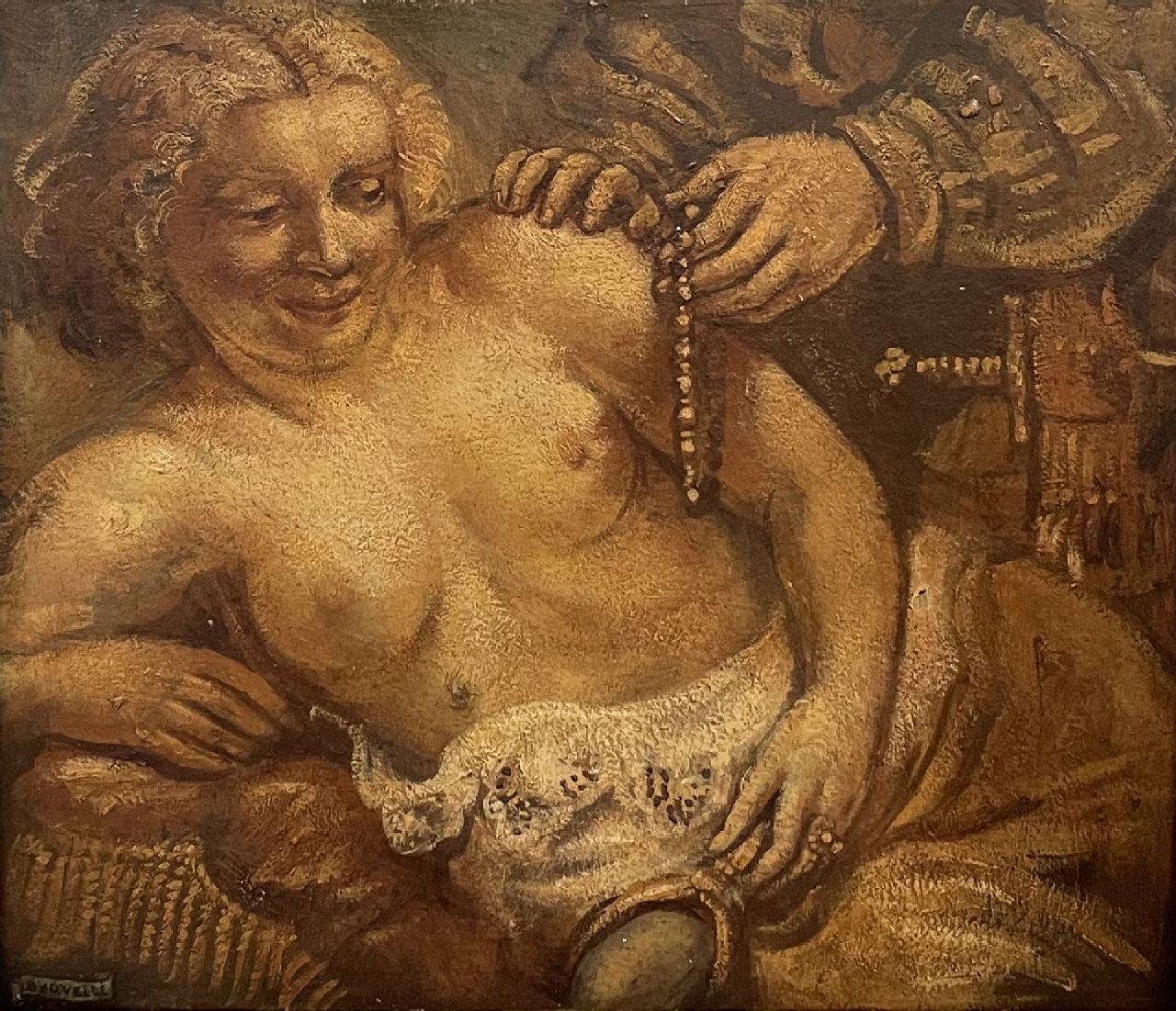 Velde H. van de | Hendrik 'Henri' van de Velde | Gemälde zum Verkauf angeboten | Ein verlockendes Angebot; verso: Mann mit Kreuz, Öl auf Holzfaser 30,1 x 35,4 cm, Unterzeichnet u.l.